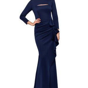 Xscape Midnight Blue Cutout Wrap Skirt Scuba Crepe Gown Size 12